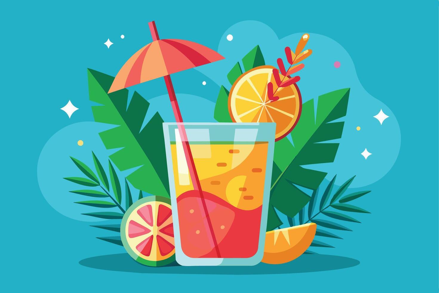 An animated picture showing a citrus cocktail with a tropical leaf and umbrella. Perfect for summer with a blue and green background. vector