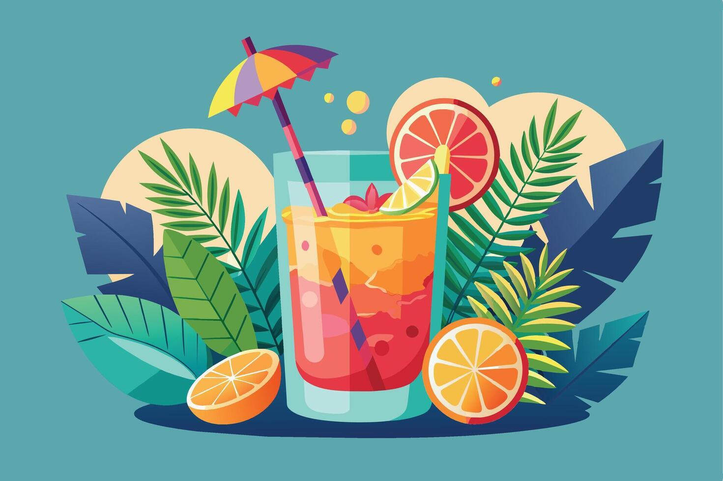 A colorful illustration of a refreshing summer cocktail with citrus fruits and tropical leaves. vector