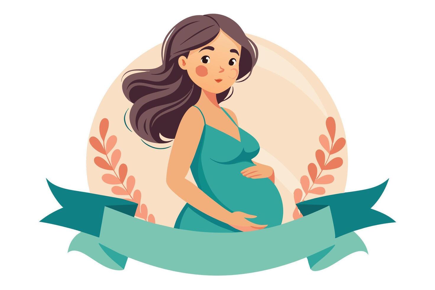 A digital illustration of a pregnant woman with her hands on her stomach, wearing a green dress. She has long brown hair and is standing in front of a light orange background with leaves. vector