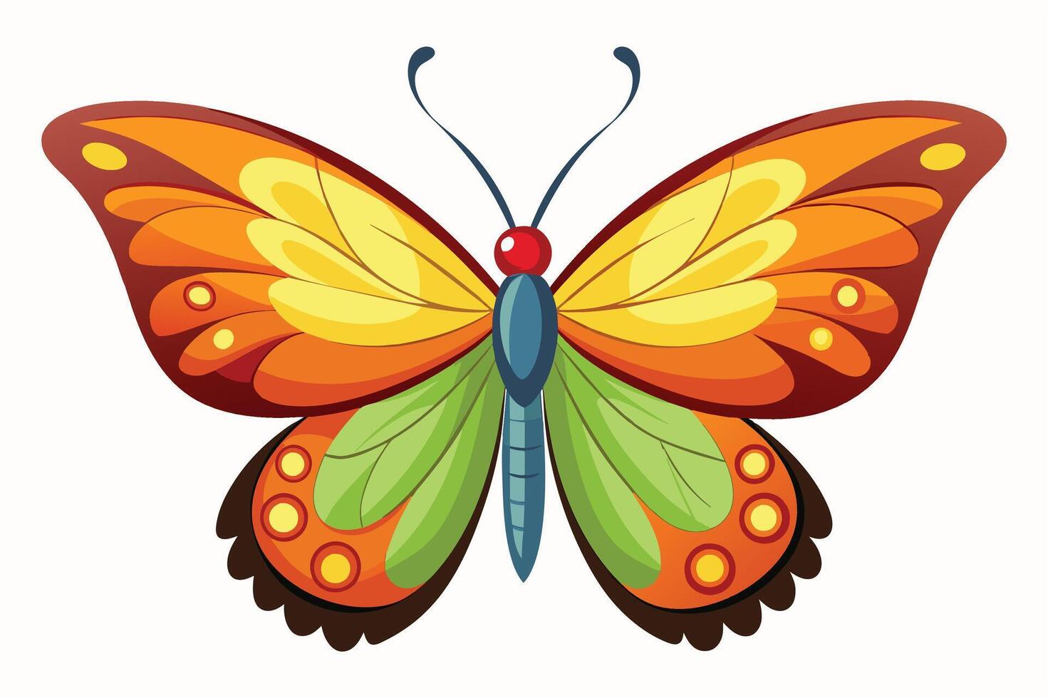 A digital illustration of a butterfly with colorful wings, primarily orange, yellow, green, and brown. The butterfly is isolated on a white background. vector