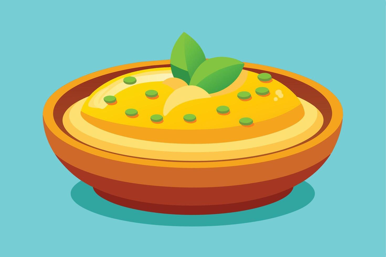 A bowl of hummus topped with green leaves and peas. The hummus is a light yellow color, and the bowl is a dark brown. vector