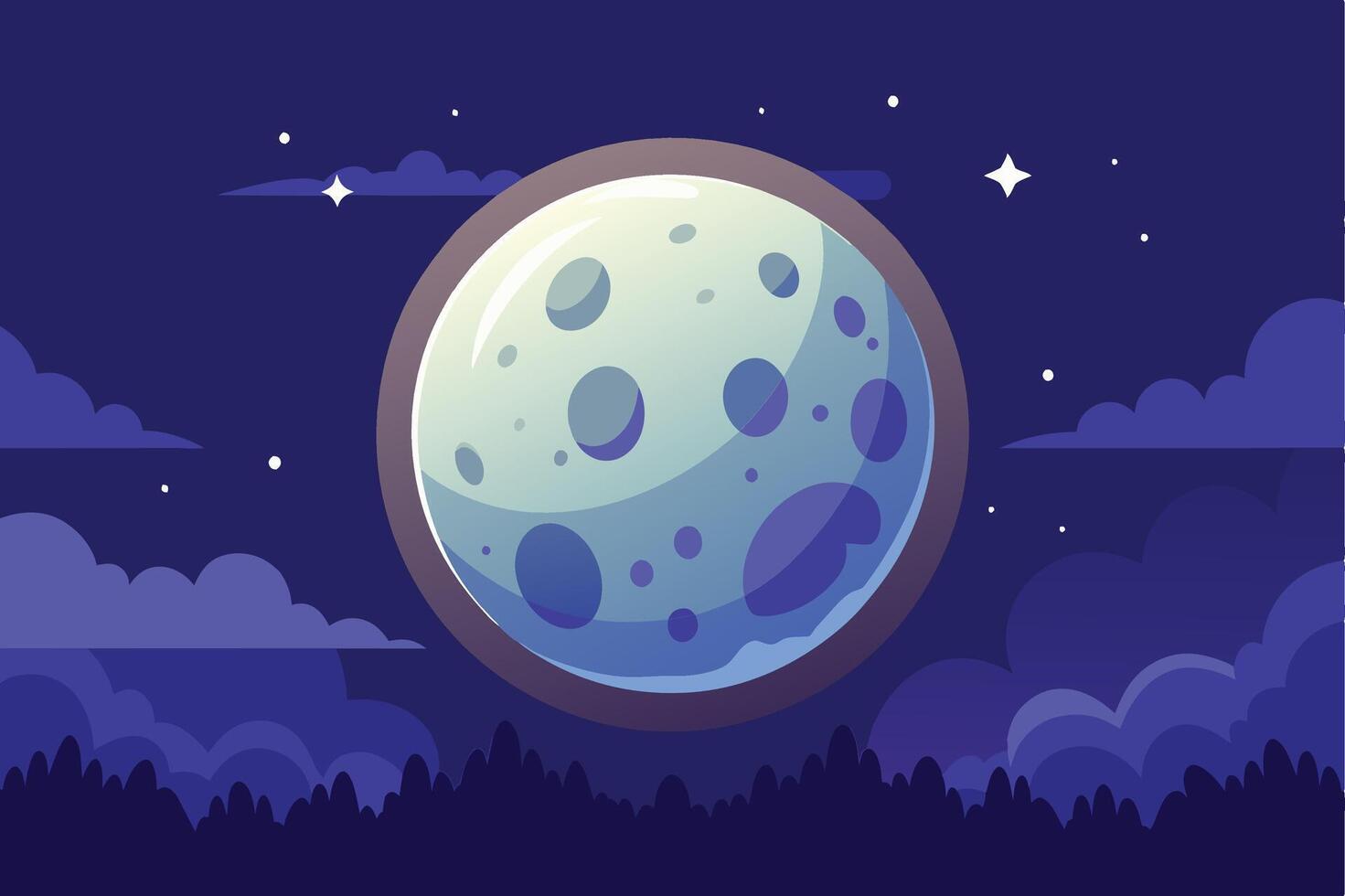 A bright full moon illuminates the night sky, its light casting a soft glow over a dark forest, with visible craters and twinkling stars. vector