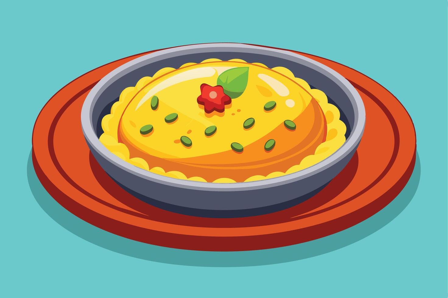 This is a cartoon illustration of a savory dish in a pan on a plate. The dish is round, yellow, and topped with green seeds and a red flower. The pan is gray and the plate is orange. vector