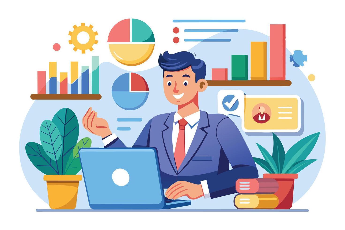 A happy businessman wearing a suit and tie is sitting at a desk, working on a laptop with various charts and graphs surrounding him. vector