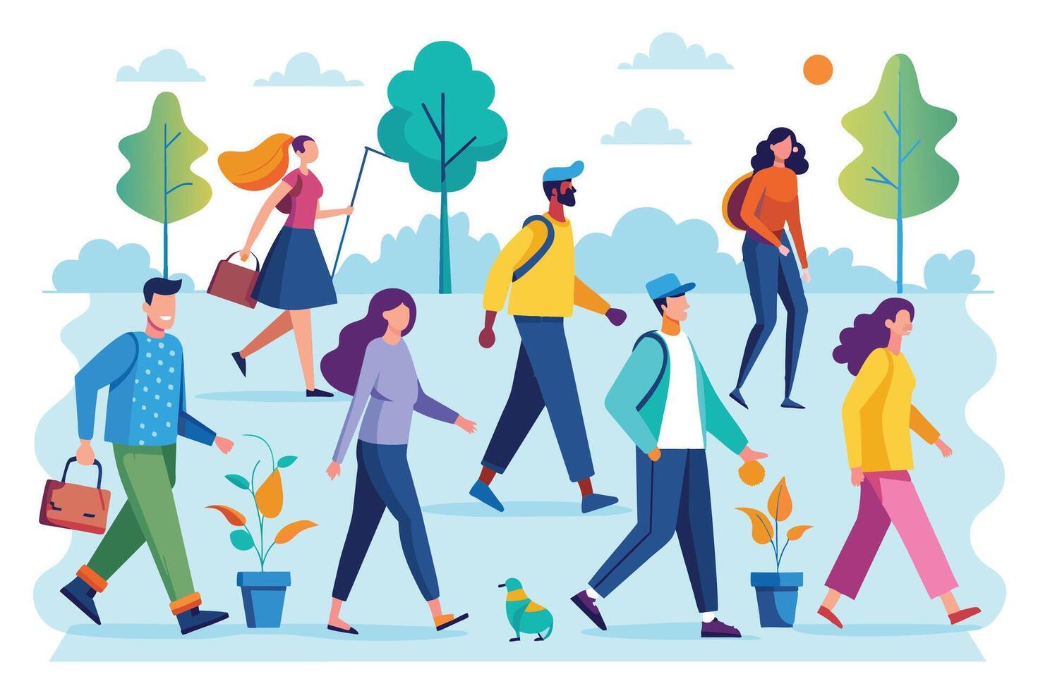 An illustration depicting a diverse group of people walking in a park on a sunny day. The group includes men and women of various ethnicities and ages. vector