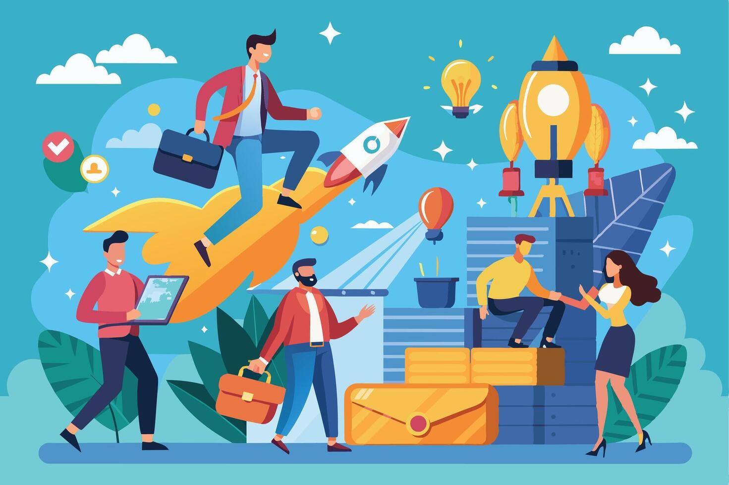 An illustration of businesspeople collaborating on a new startup launch, one person is riding a rocket while others support the launch. vector