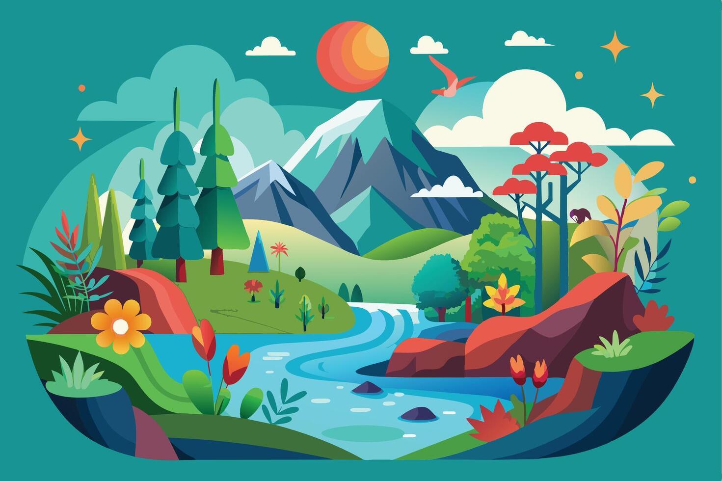 An illustration depicting a lush landscape with a winding river flowing through a valley surrounded by trees and a majestic mountain in the background. vector