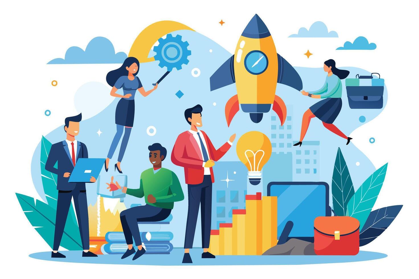 A diverse team of business professionals collaborate on a new project idea, launching it with a rocket ship and an illuminated lightbulb. vector