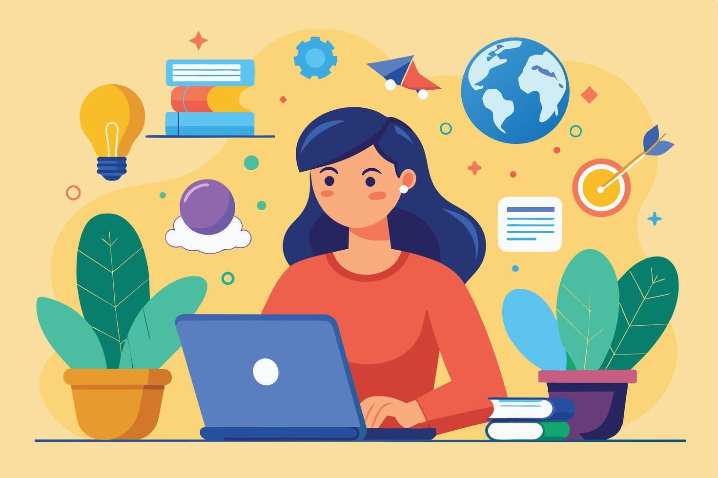 A woman sits at a desk working on her laptop, surrounded by icons representing global reach, education, and productivity. vector