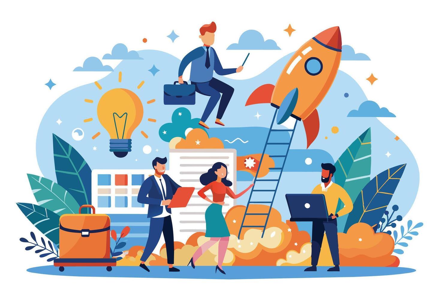 Four determined individuals are launching a startup with a rocket. Symbols of success like a light bulb, ladder, and briefcase surround them. vector