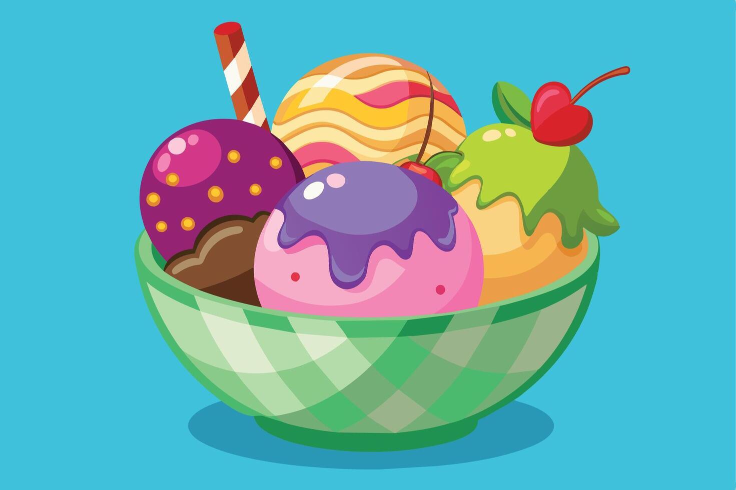 A cartoon image of a green bowl filled with colorful ice cream scoops. The ice cream flavors are purple, pink, green, and orange. vector