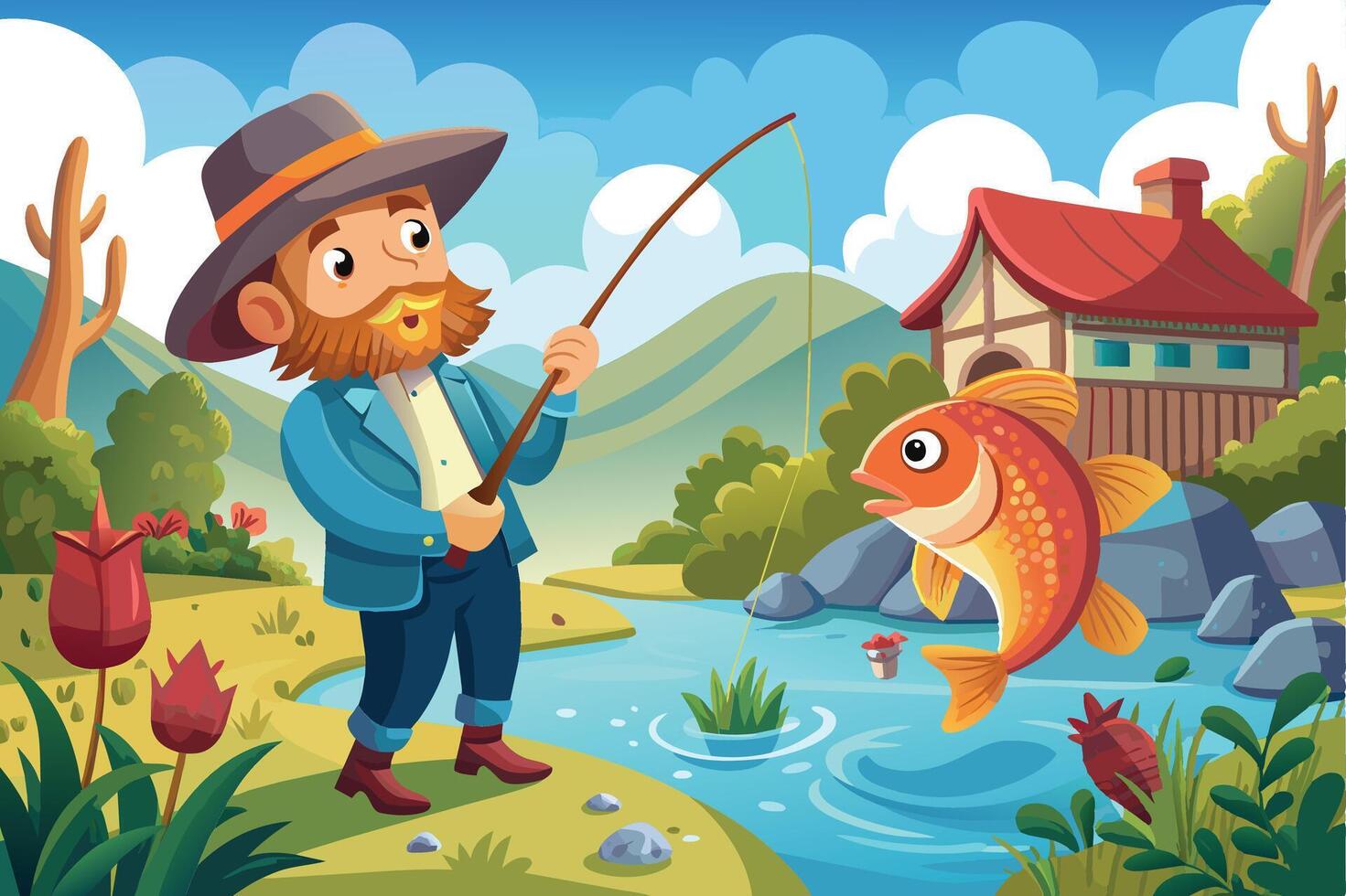 A cartoon fisherman wearing a hat and holding a fishing rod stands near a pond. He has caught a large, red fish. A small cottage with a red roof is in the background. vector