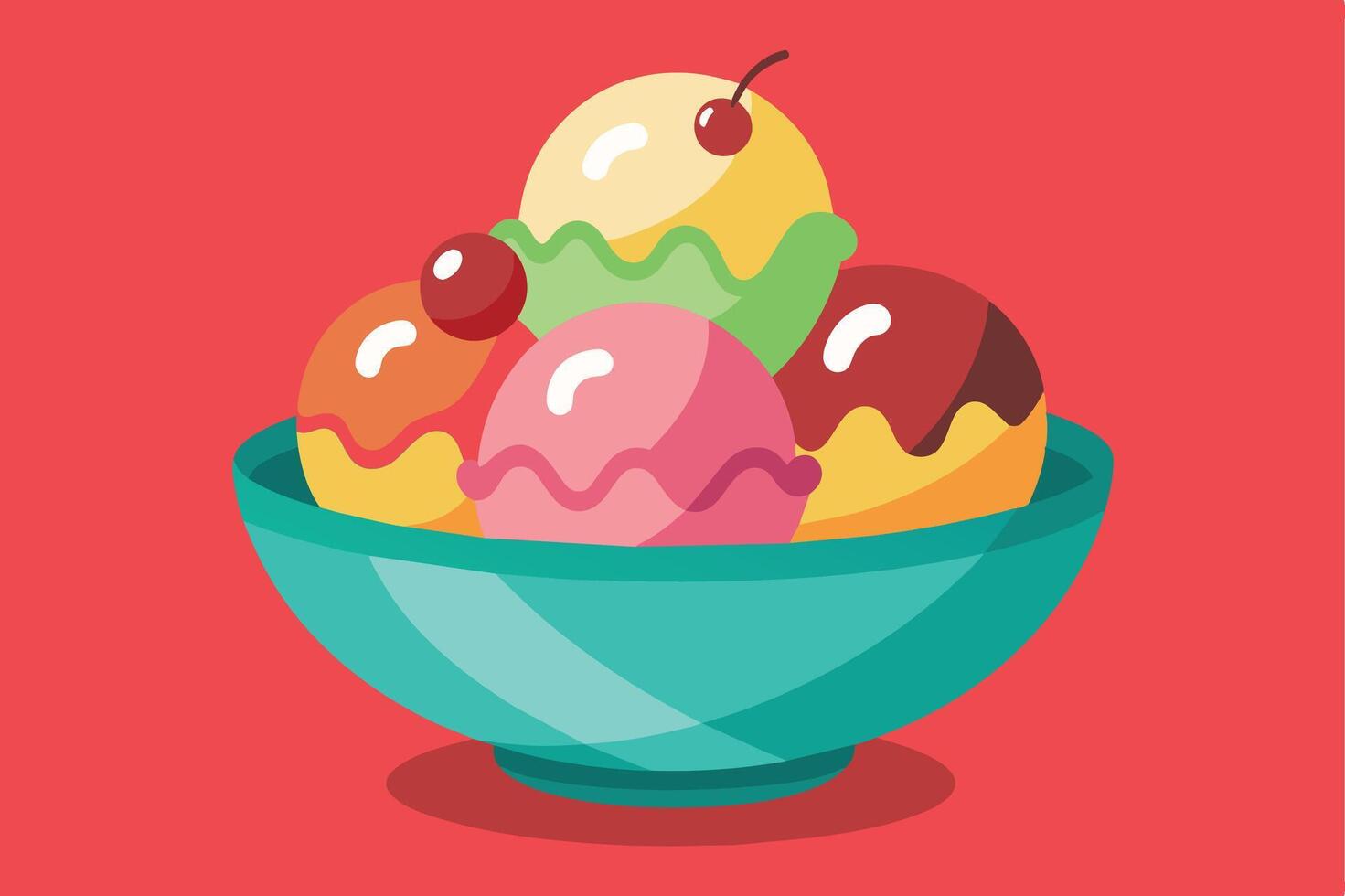 A digital illustration of four colorful ice cream scoops in a blue bowl on a red background. The ice cream is topped with cherries and chocolate sauce. vector