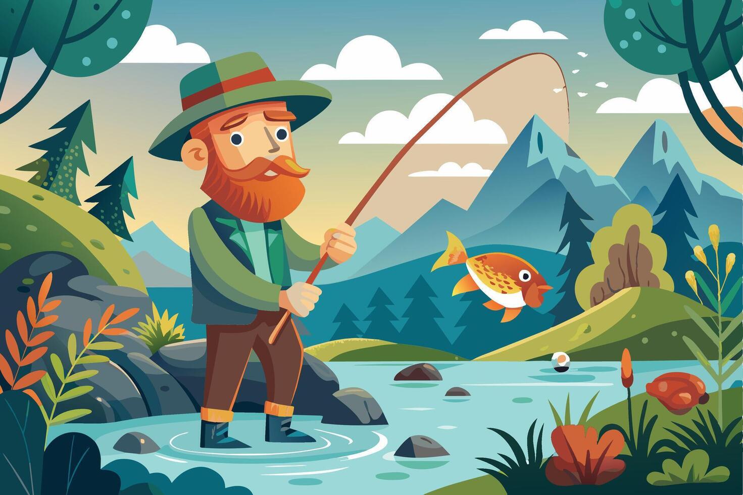 A cartoon illustration of a man wearing a hat and holding a fishing rod while standing in a river. He is fishing in a mountain river on a sunny day. vector