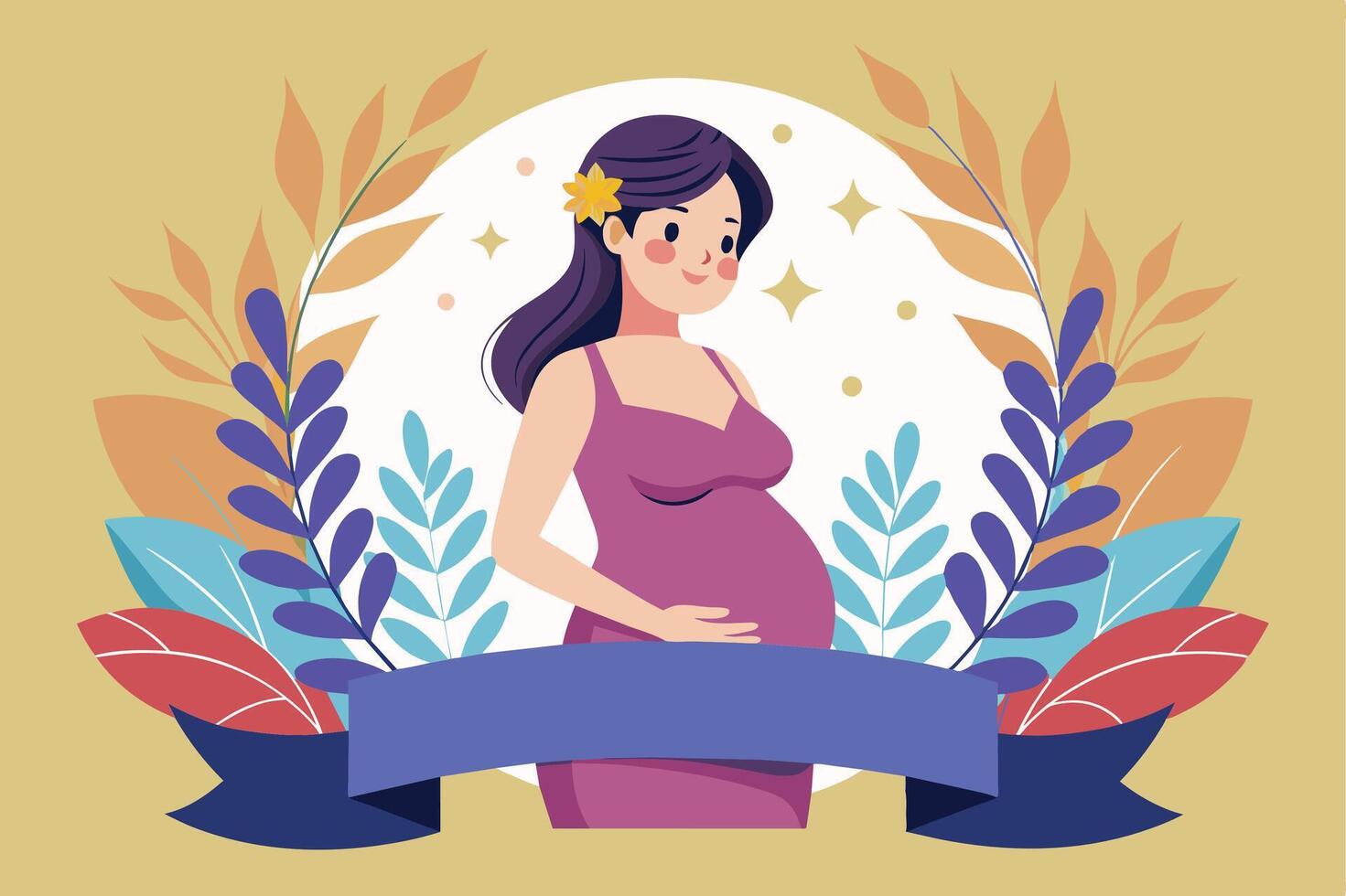 A cartoon illustration of a pregnant woman in a purple dress standing in front of a white circle with floral decorations. vector