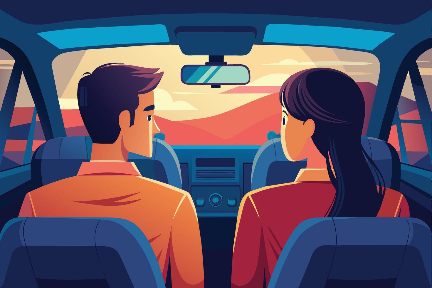 An illustration of a man and woman driving in a car, seen from the backseat, as the sun sets over mountainous scenery. vector