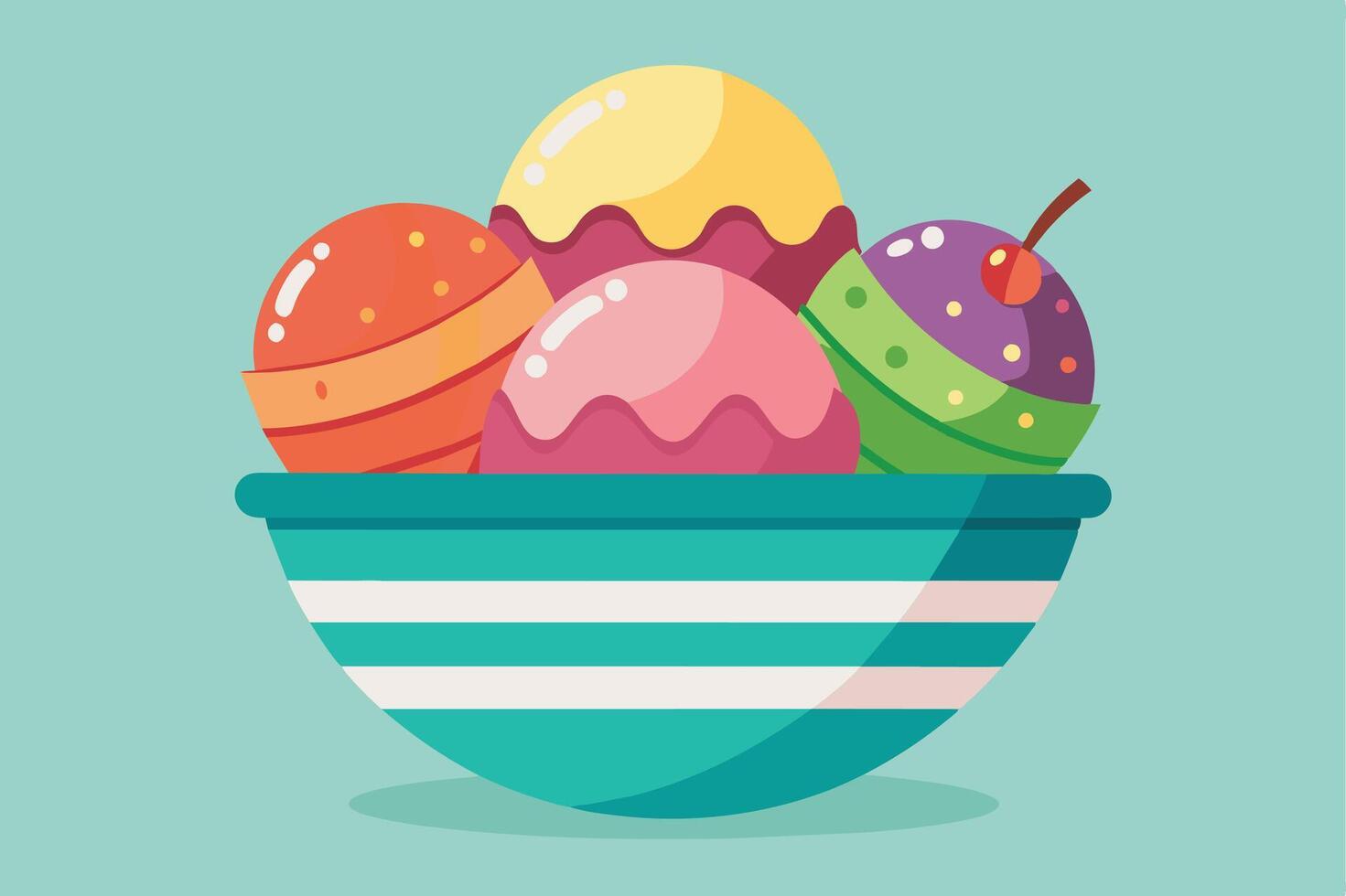 A cartoon illustration of a bowl of ice cream with four different flavors and a cherry on top. vector