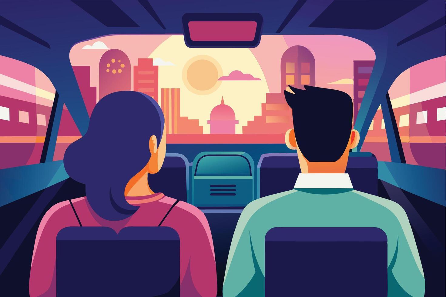 A couple drives through a city at sunset, looking out the back window at the cityscape. vector