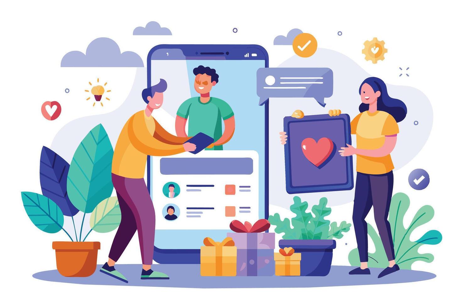 An illustration shows people using a dating app with profile pictures and messages. One person holds a gift while another receives a virtual heart, symbolizing a successful connection. vector