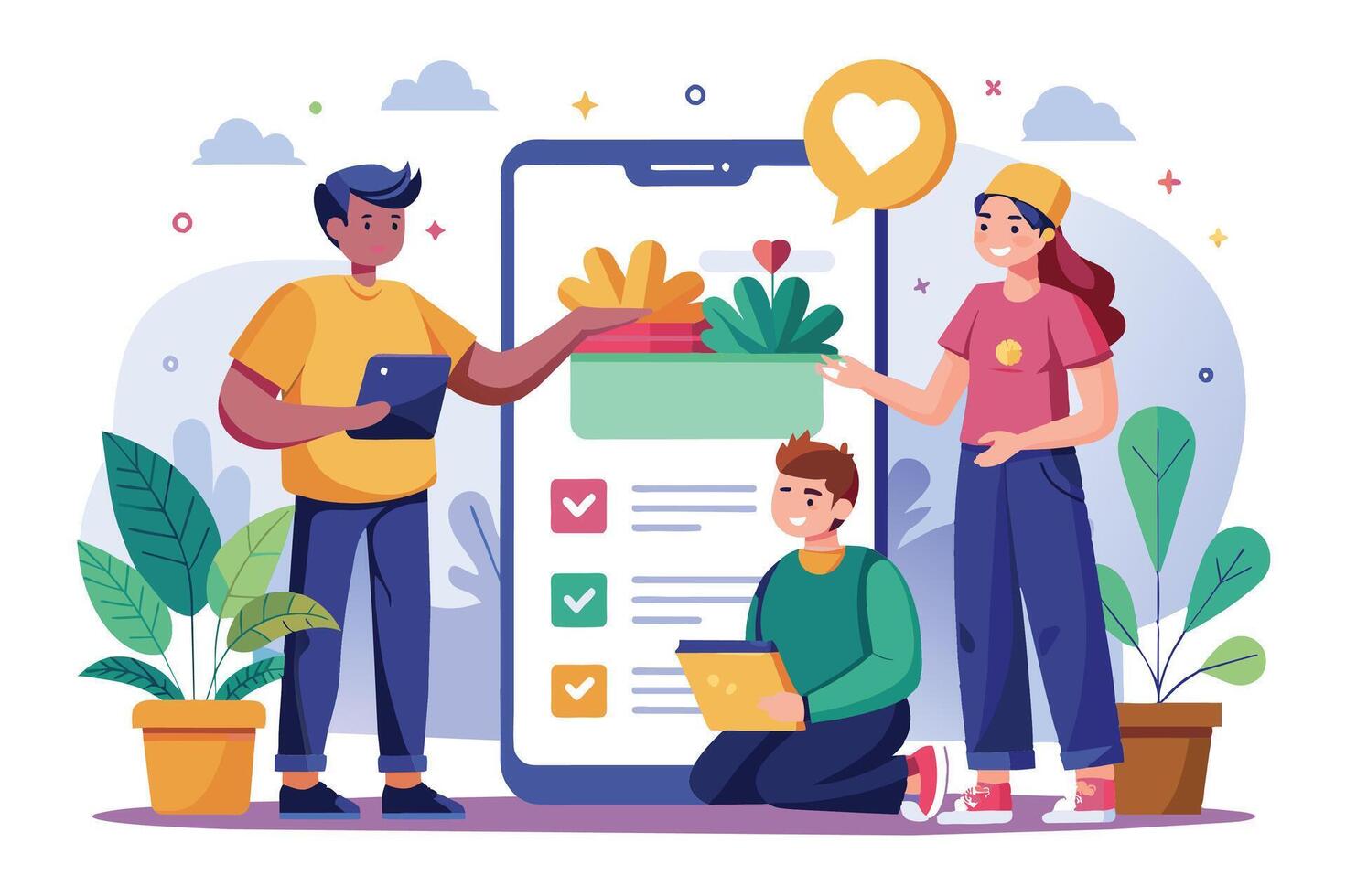 An illustration of three people using a mobile phone application with a checklist feature. They are working together to create a checklist for an unknown task. vector