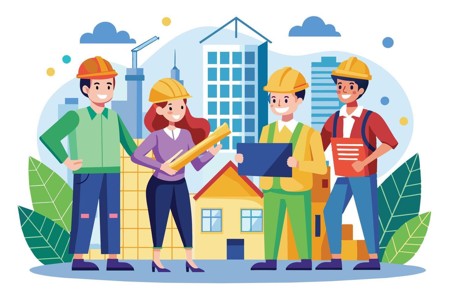 An illustration of four construction workers in hard hats discussing plans in front of a building site. The workers are smiling and appear to be collaborating on a project. vector