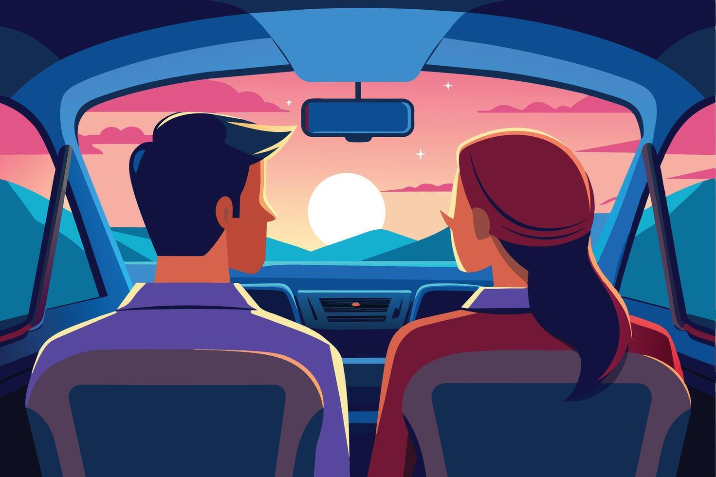 A cartoon illustration of a couple driving in a car. They are looking out the window at a beautiful sunset over the mountains. vector