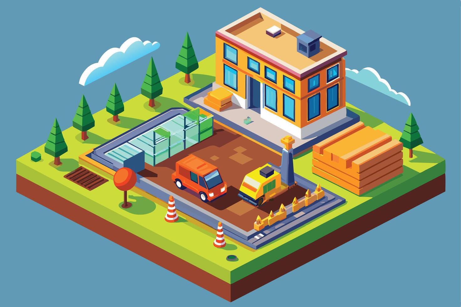 An illustration of a construction site featuring a large building, a yellow construction vehicle, a van, trees, and other construction materials. vector
