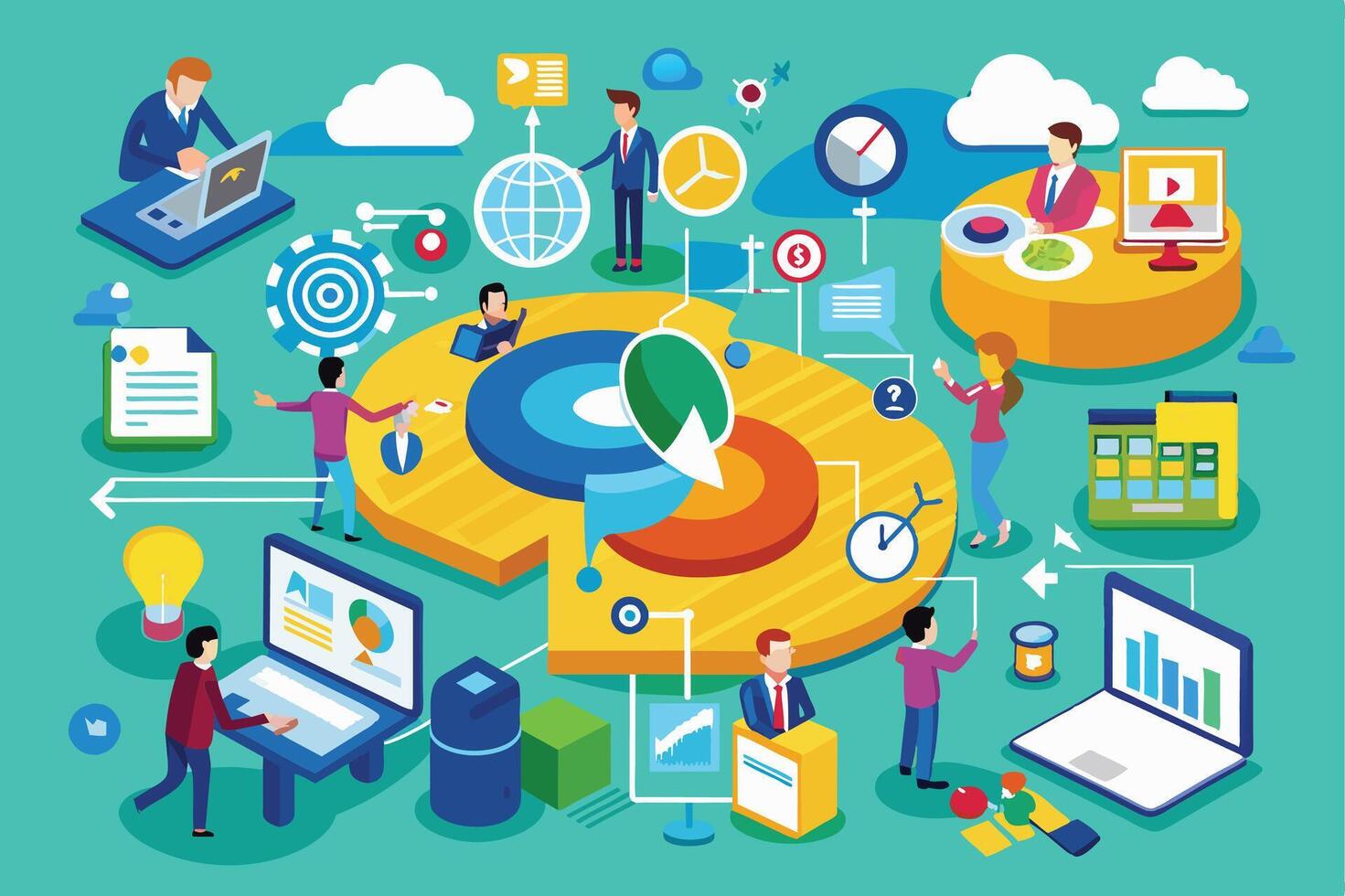 Image of people collaborating on a project using technology and data. Includes charts, graphs, computers, and tools, emphasizing teamwork in business. vector