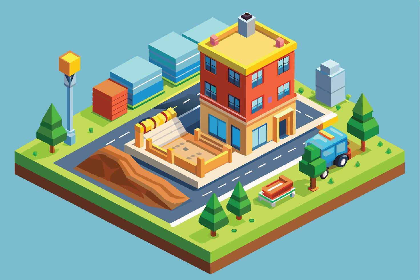 An isometric illustration of a city street with a construction site in front of a three-story building. vector
