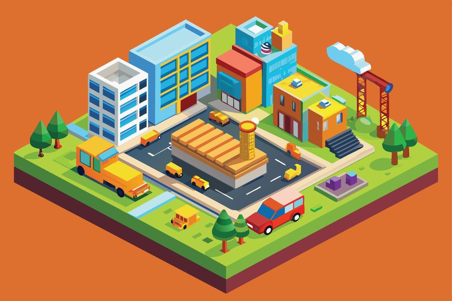 This image depicts a modern city with buildings, cars, trees, and a construction crane. It is illustrated in an isometric style. vector