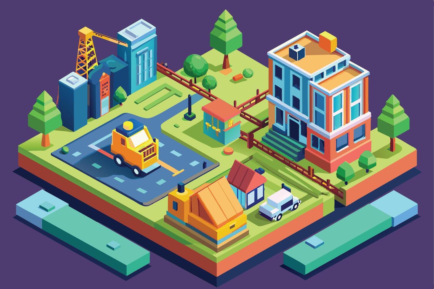 An isometric cityscape illustration with buildings, trees, and vehicles. Depicts a vibrant urban environment with architectural details and transportation. vector