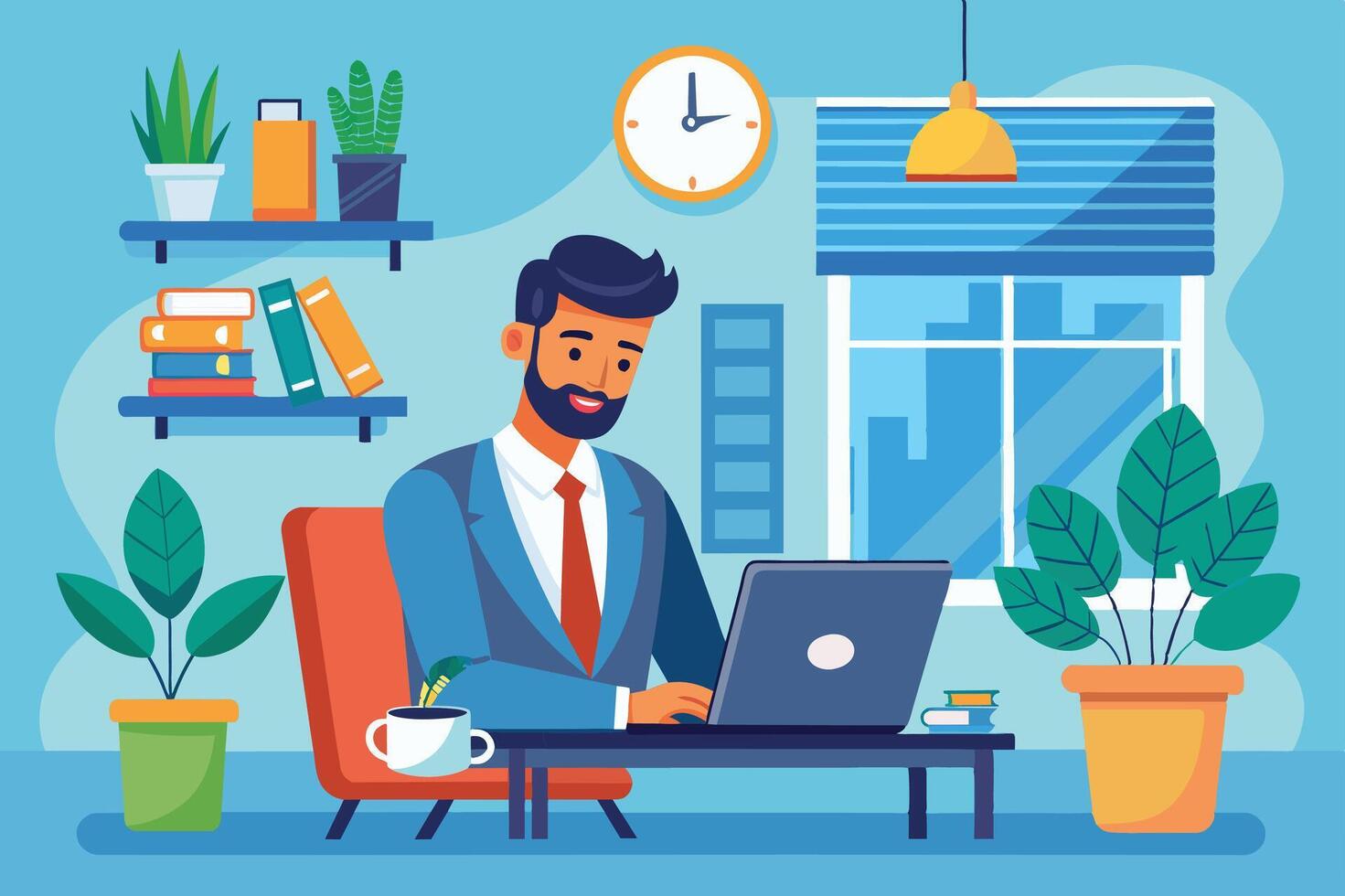 A man works on his laptop at his home office desk. There are plants, a book, a mug, and a clock in the background. vector