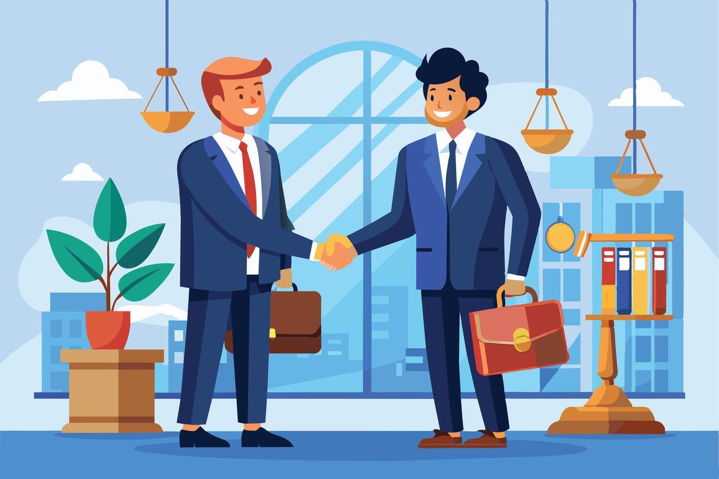 Two businessmen handshake in a law office, indicating a legal agreement. The room has scales of justice, legal books, and a cityscape backdrop. vector