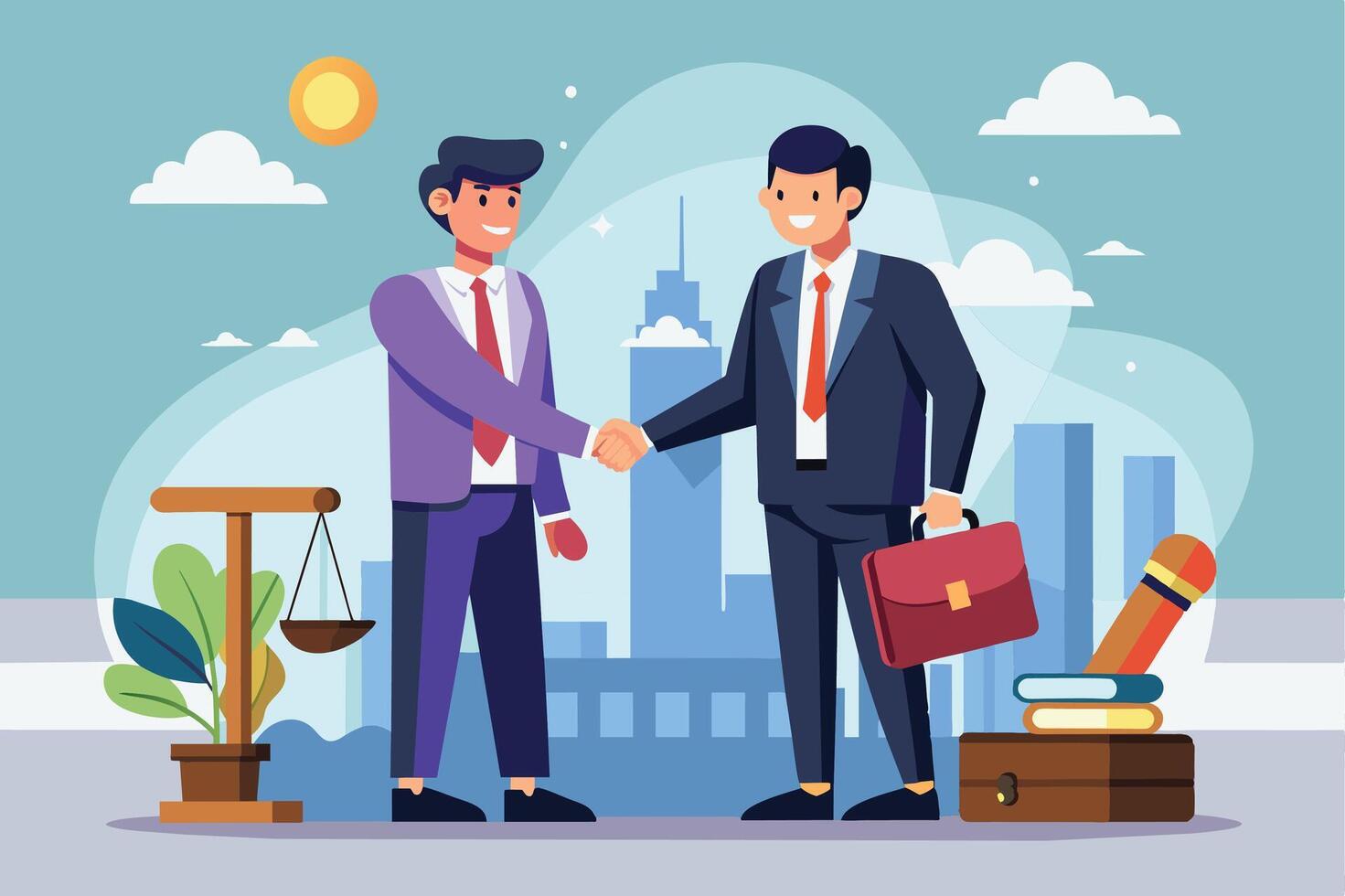 Two businessmen in suits shake hands in front of a city skyline. One businessman is carrying a briefcase. There is a scale of justice and a stack of books in the foreground. vector
