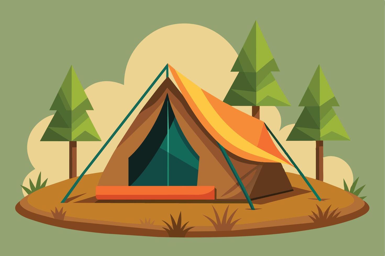 A cartoon illustration of a camping tent set up in a forest clearing. The tent is brown with a yellow and orange awning, and there are three green pine trees in the background. vector