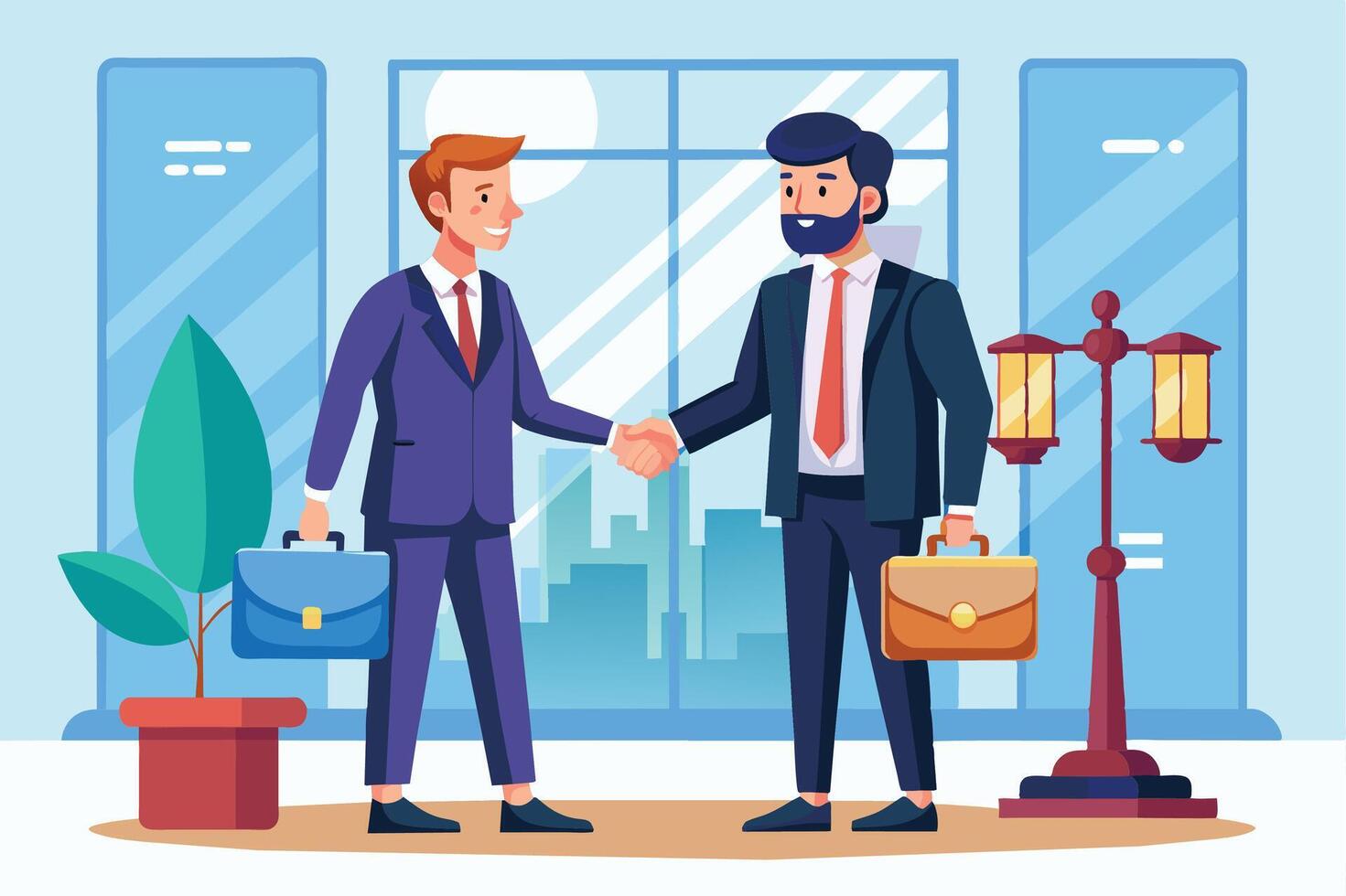 Two businessmen, one with a beard, are shaking hands in a professional office setting. Both are wearing suits and ties, and one is holding a briefcase. vector