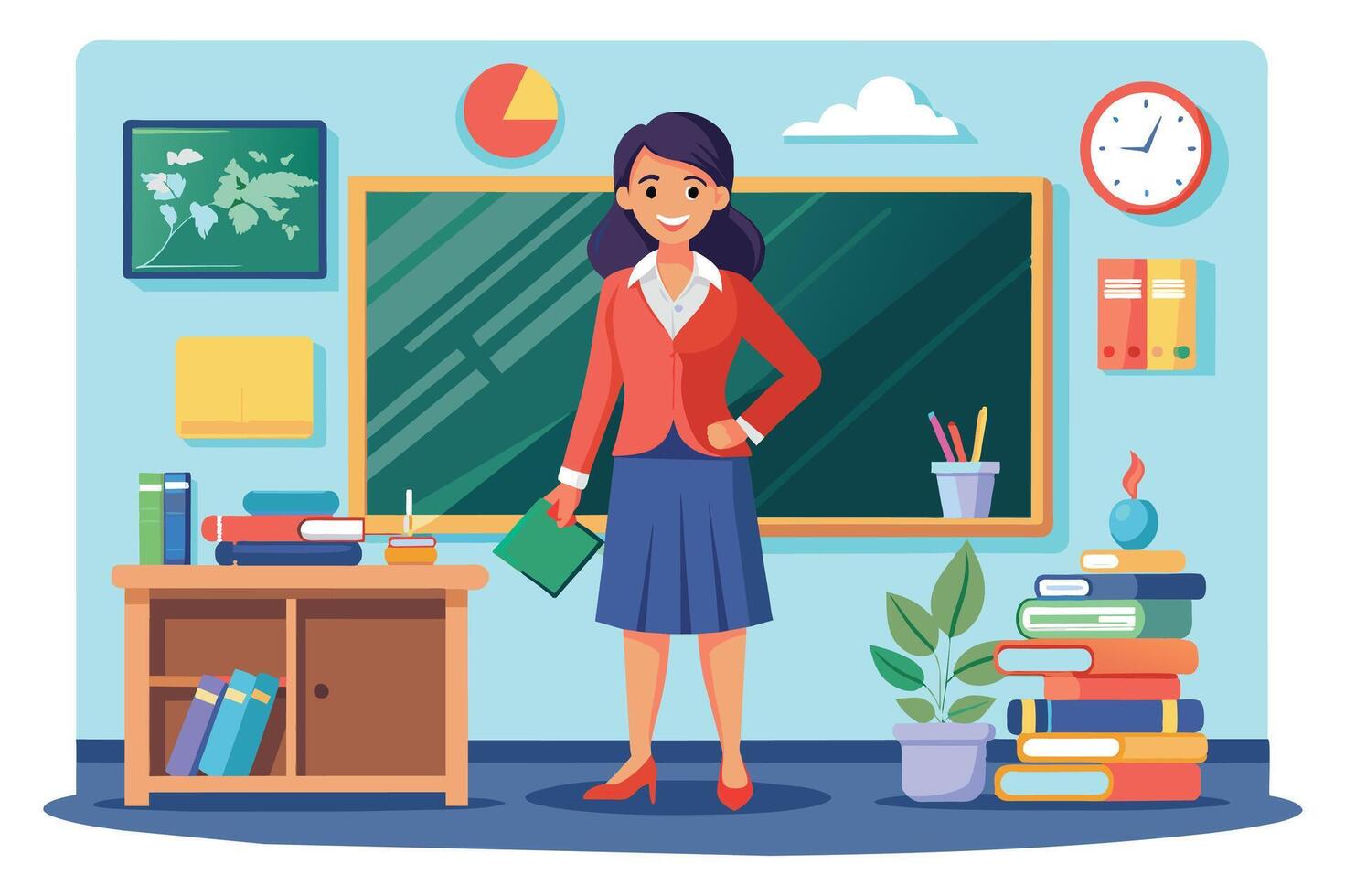 A cartoon illustration depicting a female teacher with a book in her hand standing in front of a green chalkboard in a classroom setting. vector