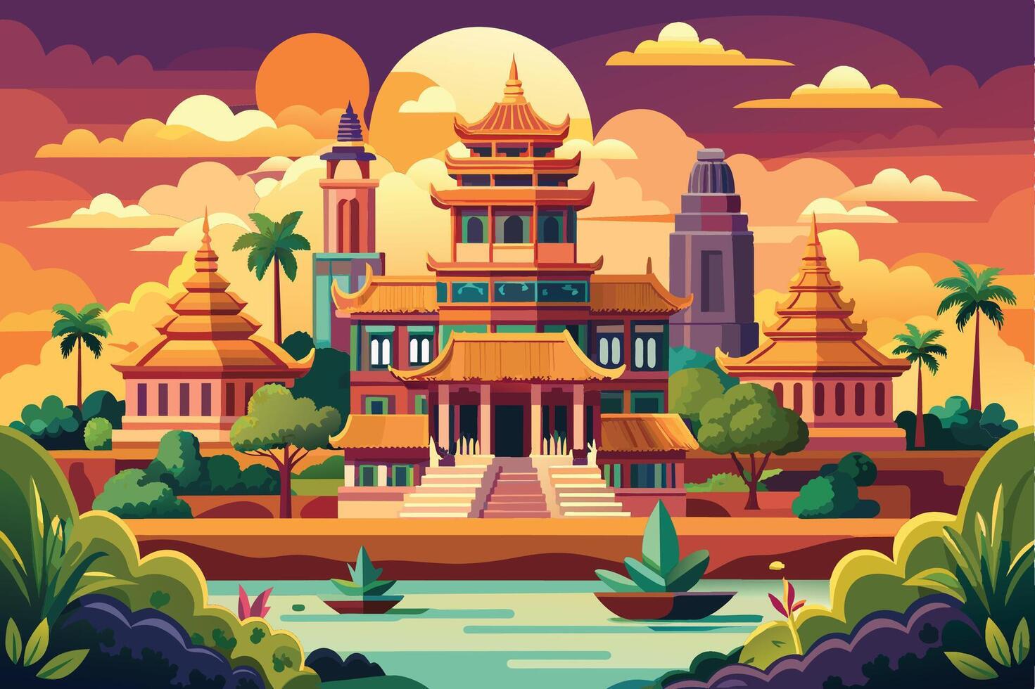 A colorful illustration depicting a scenic view of traditional Asian architecture, including a golden pagoda, against a vibrant sunset sky. vector