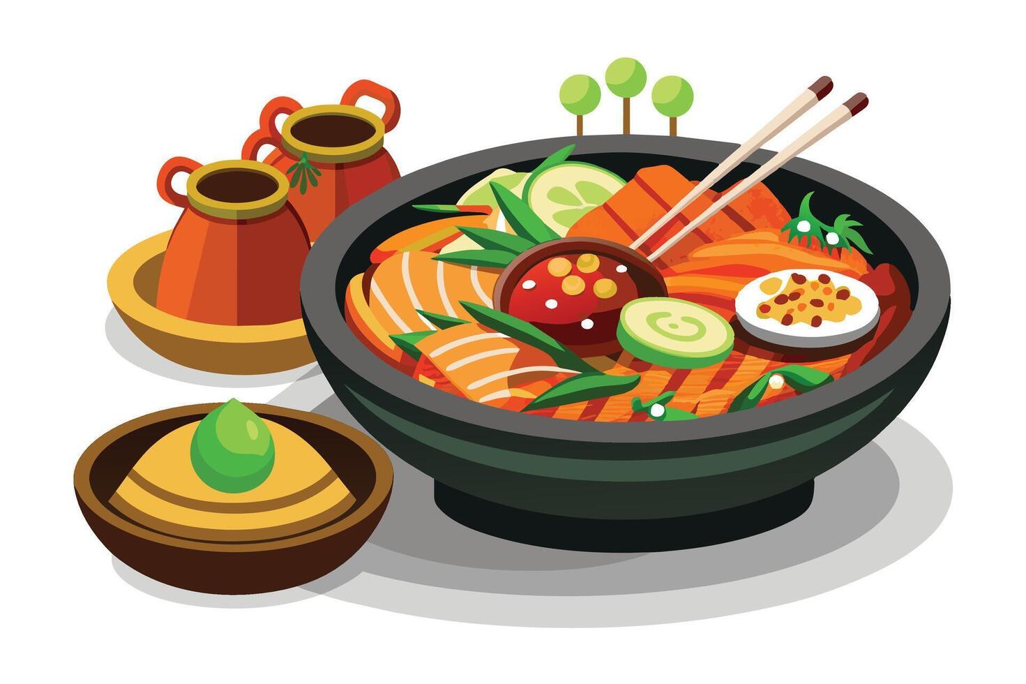 A black bowl filled with a delicious Asian dish featuring grilled salmon, cucumber, and other ingredients. The dish is accompanied by chopsticks and two small ceramic pots. vector