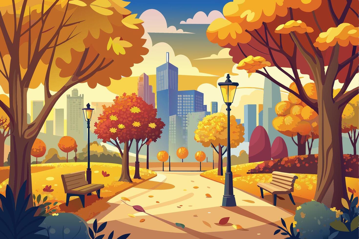 A vibrant digital illustration depicting a park path winding through a lush autumn landscape, with a bustling cityscape backdrop. vector