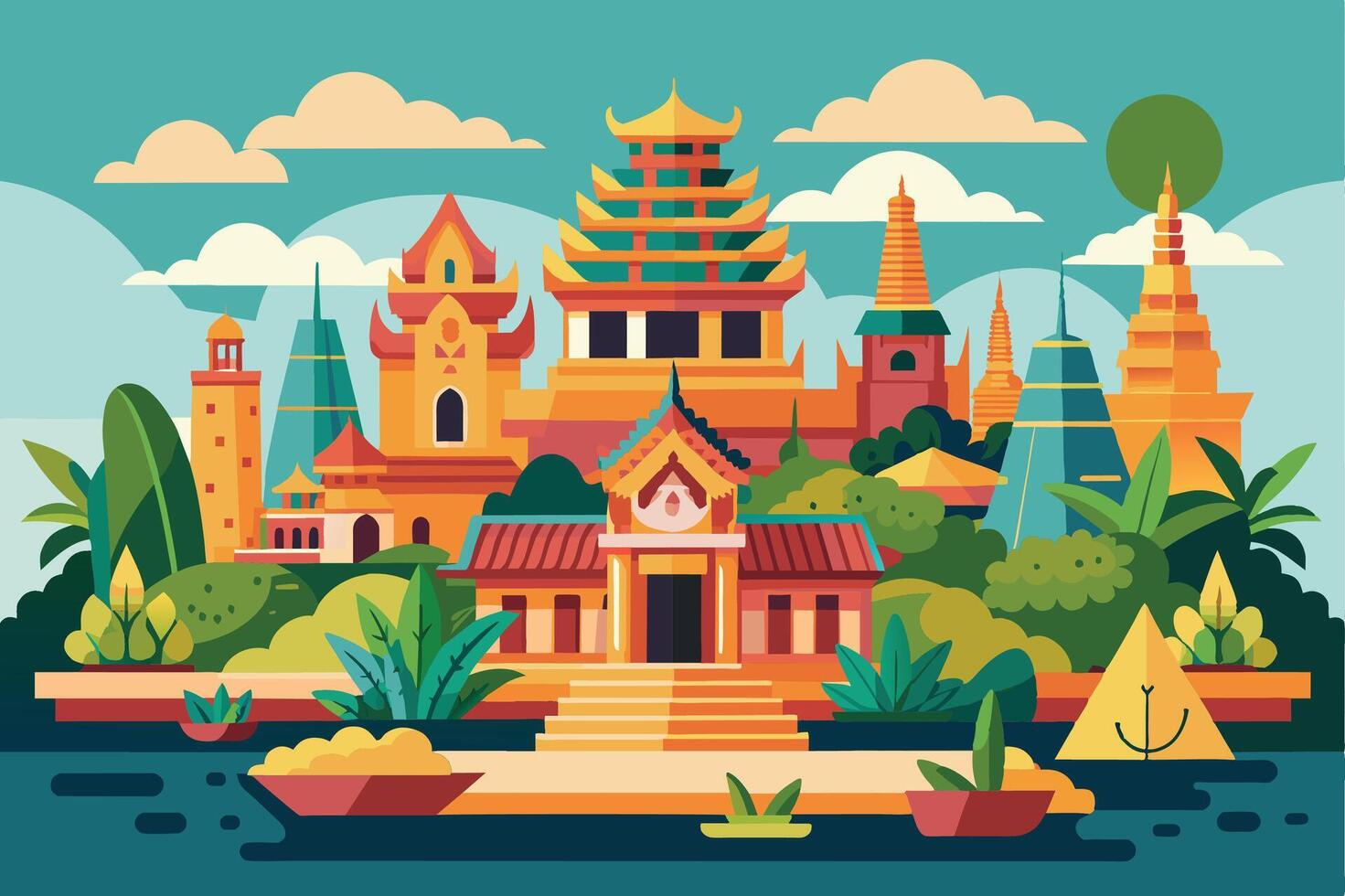 A vibrant illustration depicting a group of traditional Thai buildings, lush greenery, and a tranquil river. vector
