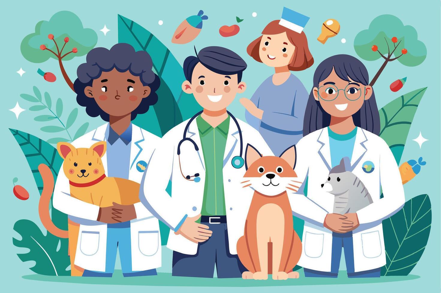 A colorful illustration featuring a team of four diverse veterinarians, each holding a pet, showcasing their dedication to animal care. vector