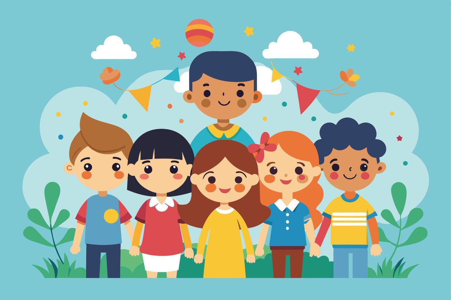 A cartoon illustration of a diverse group of children smiling and standing together in a celebratory setting with colorful decorations and a blue sky. vector