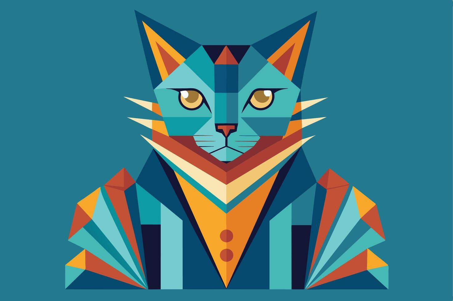 A stylized, geometric illustration of a cat with teal, orange, and yellow colors against a teal background. vector