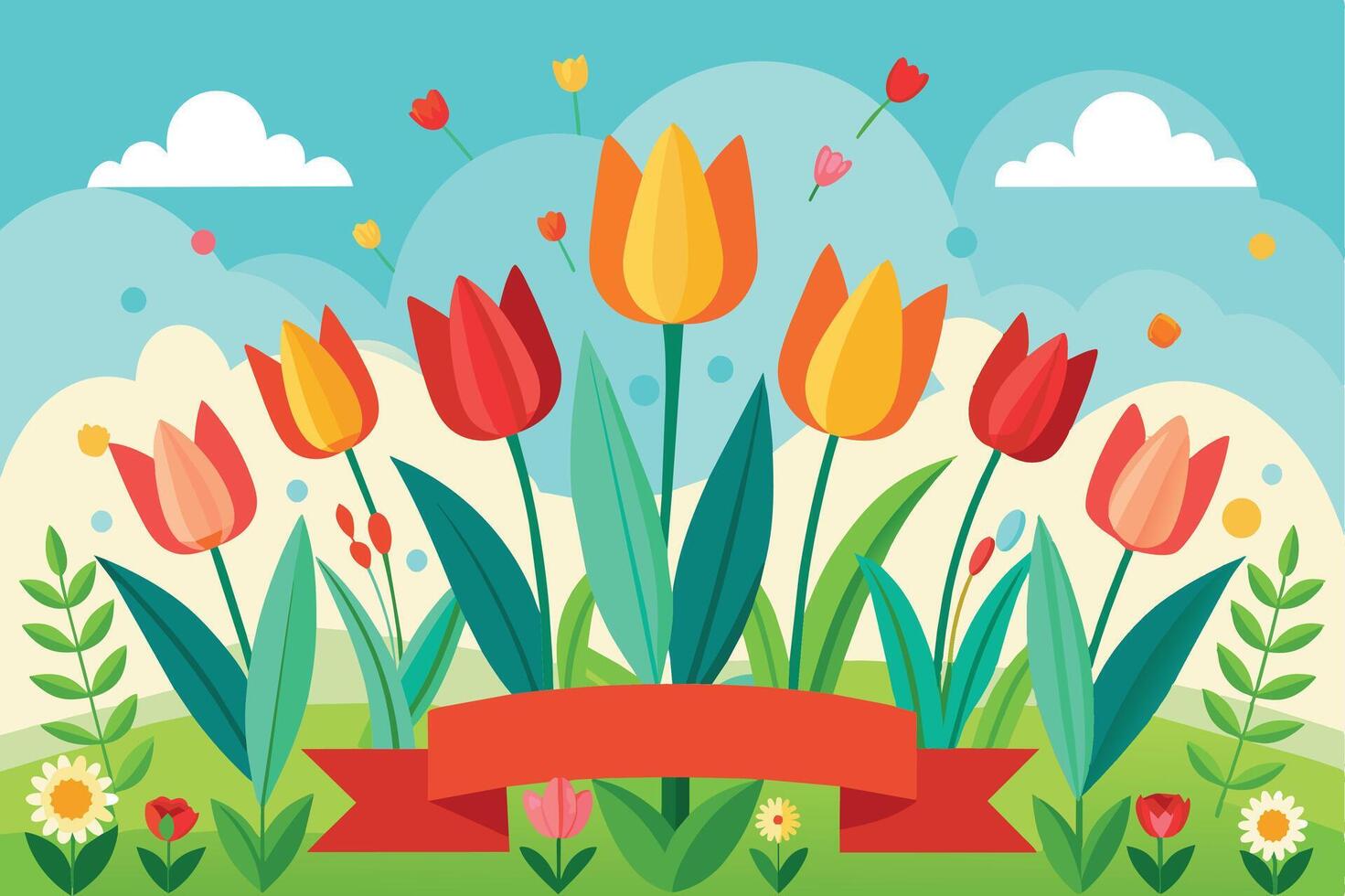 A vibrant illustration featuring a meadow filled with colorful tulips, set against a blue sky with fluffy white clouds. vector