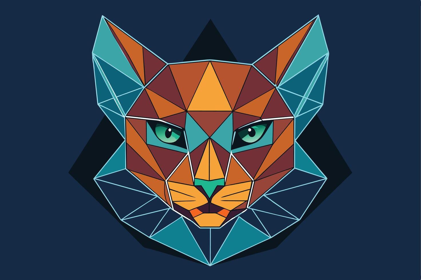 A digital illustration of a cats face rendered in geometric shapes, primarily teal and orange. The cats eyes are a vibrant green. vector