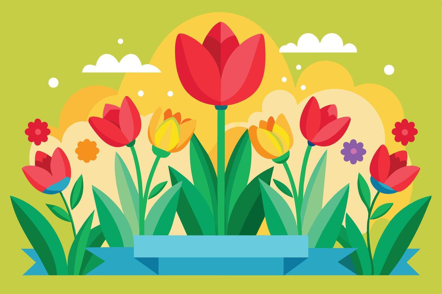 An illustration of colorful flowers blooming in a garden, with a blue ribbon in the foreground and a yellow, green, and white background. vector