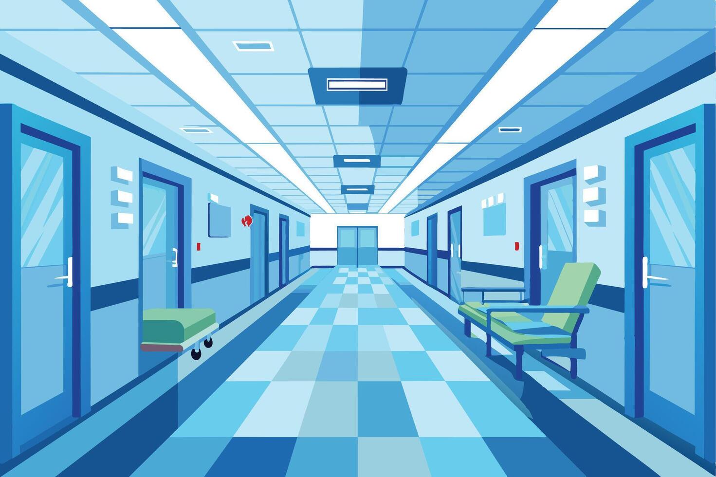 A cartoon depiction of a long, empty hospital corridor with doors leading to different rooms, tiled floor, and chairs in the foreground. vector
