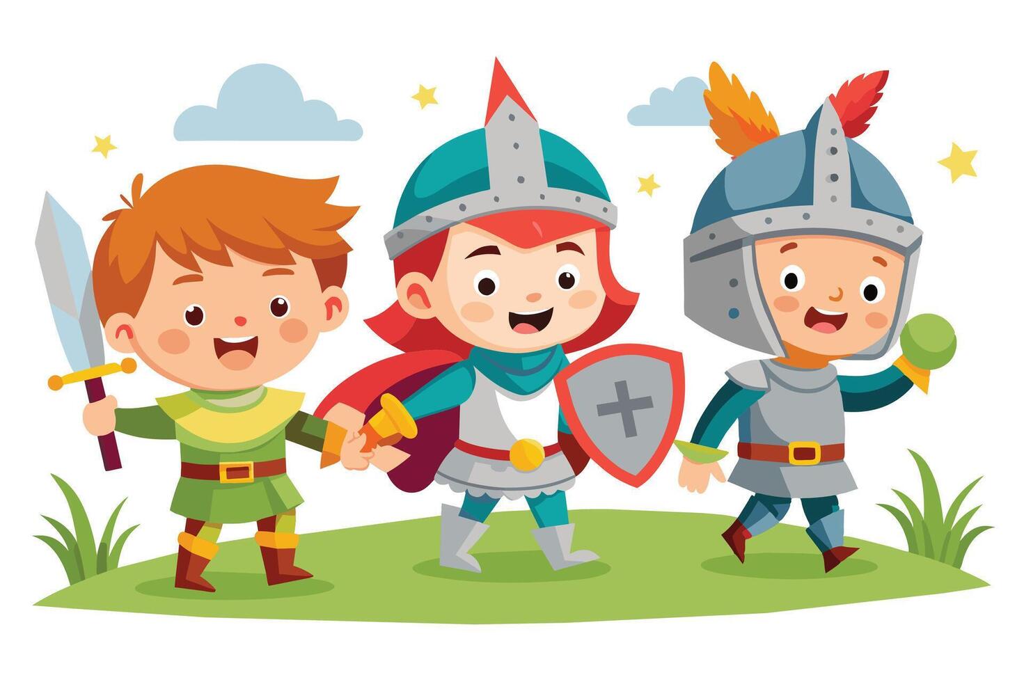 A cheerful illustration depicting three young children dressed as knights, with one holding a sword, another a shield, and the third a green ball. vector