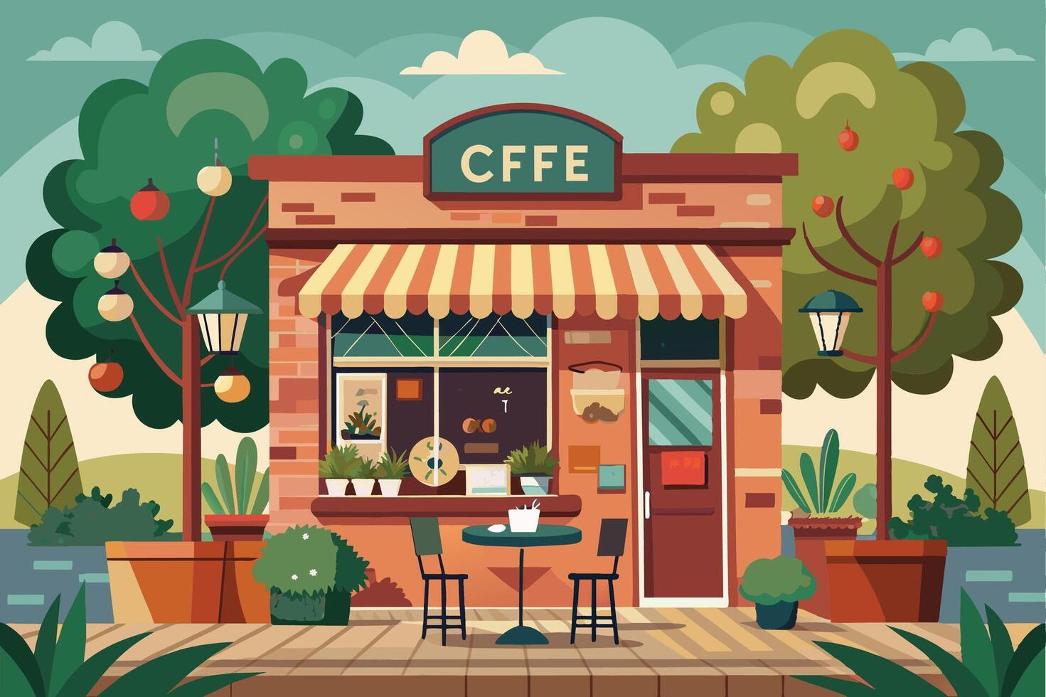 A cartoon illustration depicting a cozy coffee shop with an outdoor patio, inviting guests to relax and enjoy a cup of coffee on a sunny afternoon. vector